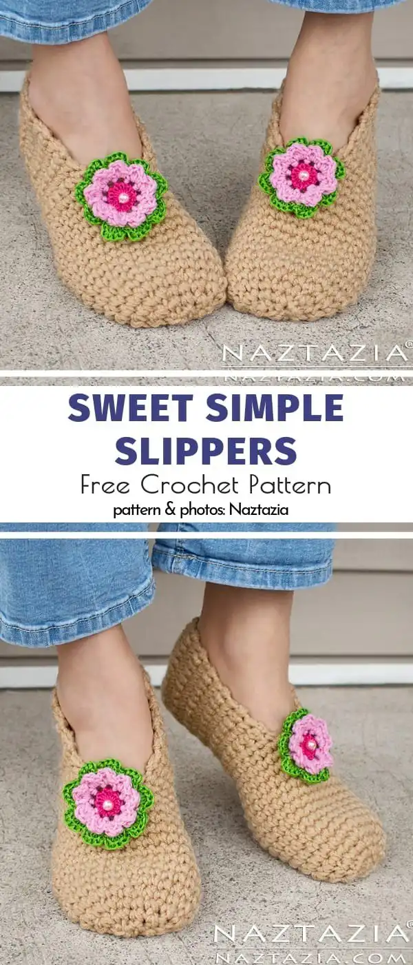 Sweet Simple Slippers Free Crochet Pattern with a delicate flower detail on the toe