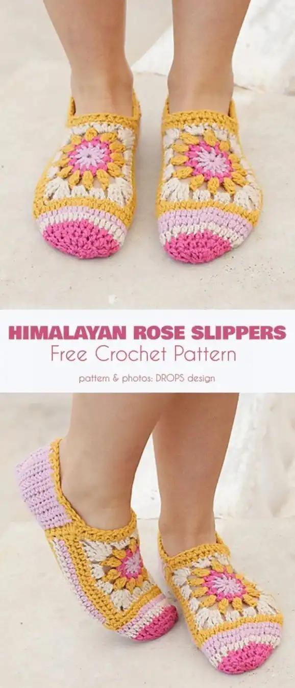 Himalayan Rose Slippers Free Crochet Pattern showing airy granny square detail and delicate colors