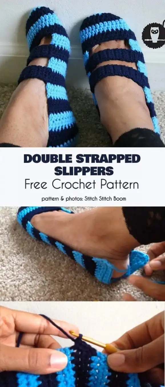 Double Strapped Slippers Free Crochet Pattern with a unique stripy design and secure straps