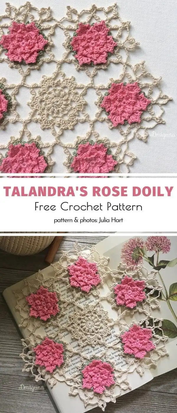 Close-up of Talandra's Rose Doily Free Crochet Pattern, showcasing intricate floral details and texture