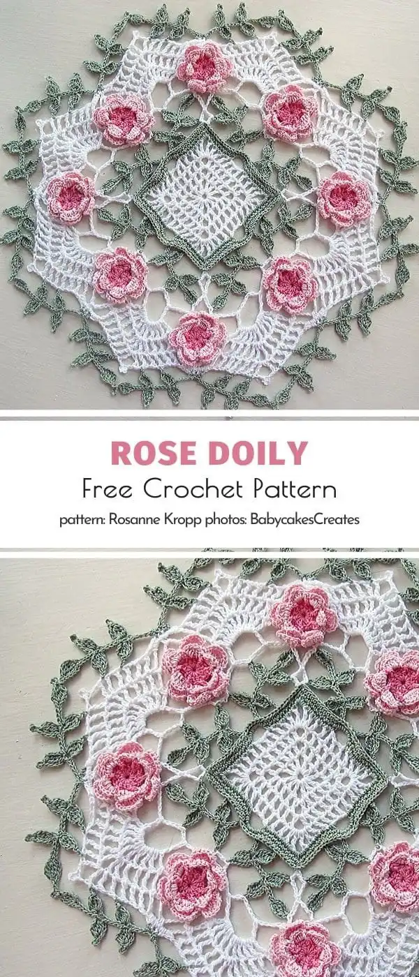 Finished Rose Doily Free Crochet Pattern by Rosanne Kropp, displaying delicate lacework and soft color palette