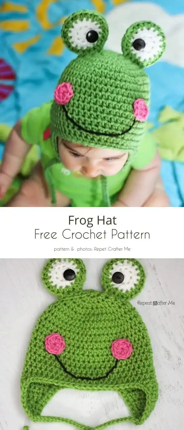 Frog-Inspired Free Crochet Projects 2 Close-up of a green crochet frog hat with large white googly eyes and a stitched smile.