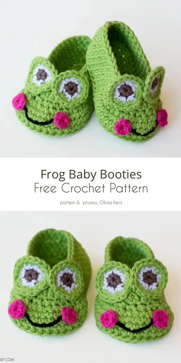 Frog-Inspired Free Crochet Projects 3 Pair of tiny green crochet frog baby booties with white details and embroidered eyes.