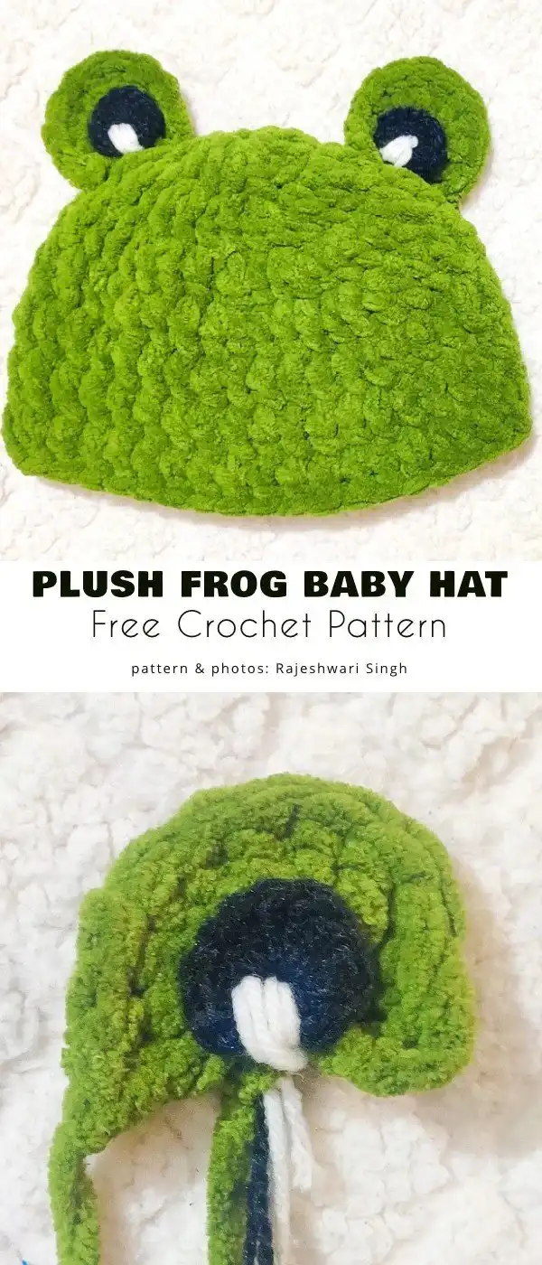 Frog-Inspired Free Crochet Projects 4 Soft green plush crochet frog baby hat with prominent stuffed eyes and a gentle smile.