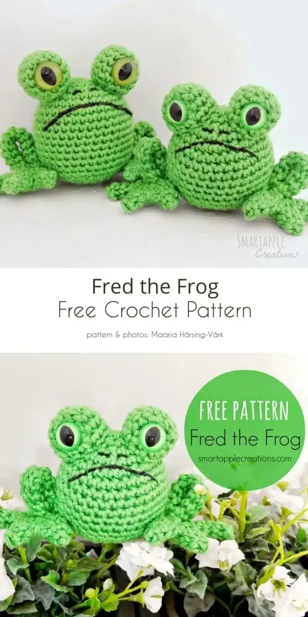 Frog-Inspired Free Crochet Projects 5 Small green amigurumi frog named Fred with big white eyes and a friendly expression.