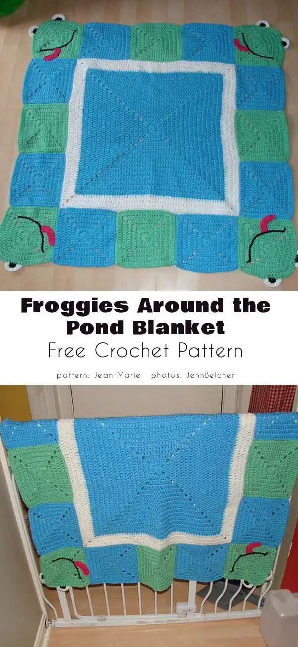 Frog-Inspired Free Crochet Projects 7 Crochet blanket featuring multiple green frog appliqués around the border, suggesting a pond scene.