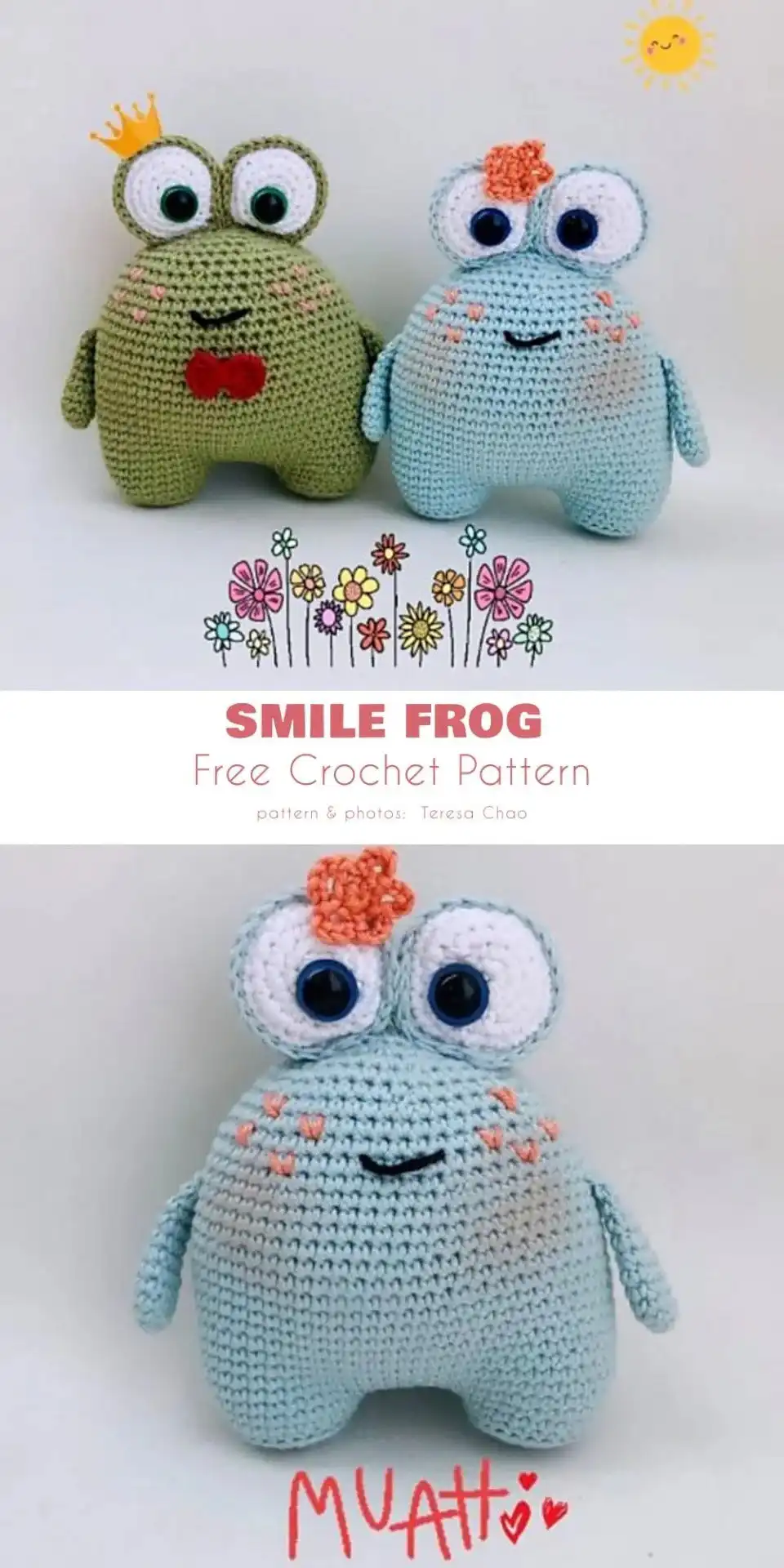 Frog-Inspired Free Crochet Projects 9 Cute green amigurumi frog with a big, stitched smile and rosy cheeks.