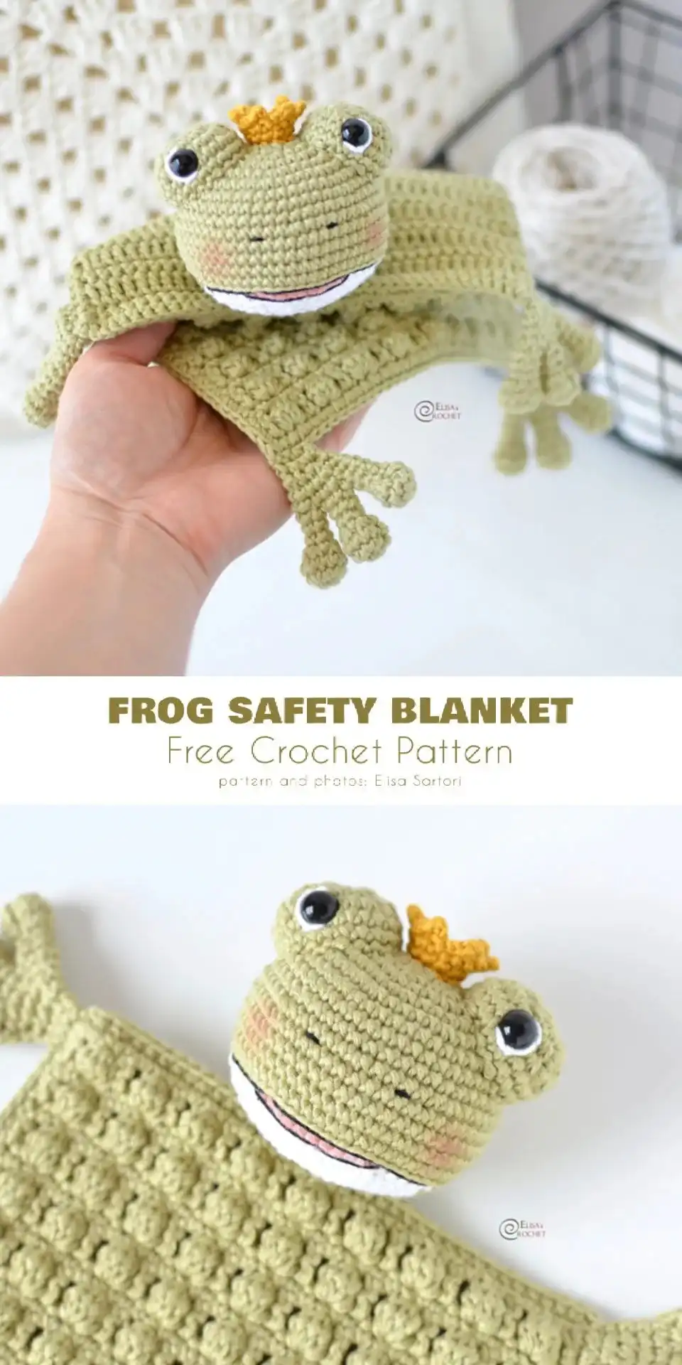 Frog-Inspired Free Crochet Projects 10 Green crochet frog lovey or safety blanket with a frog head attached to a small, soft blanket.