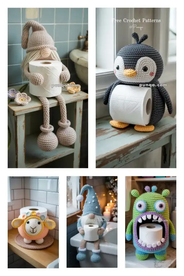 Fun Toilet Roll Holder Crochet Patterns - DIY Magazine 2 Basket-style crochet toilet paper holder by Punqa, in a neutral tone, holding multiple rolls.
