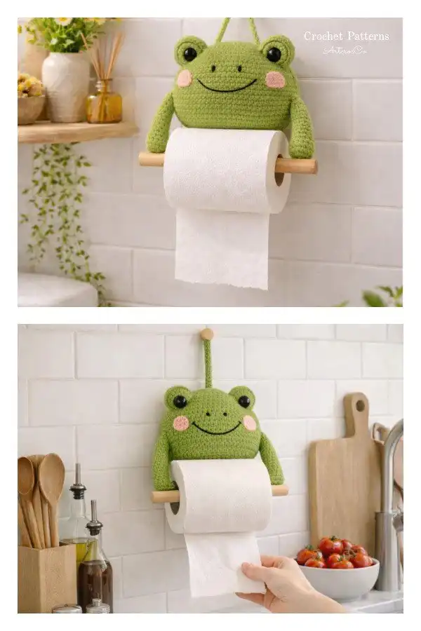 Fun Toilet Roll Holder Crochet Patterns - DIY Magazine 6 Adorable green frog crochet toilet paper holder by ArtcrocCo, in an amigurumi style.