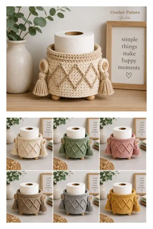 Fun Toilet Roll Holder Crochet Patterns - DIY Magazine 8 Bohemian style crochet toilet paper holder by Glamluk, featuring tassels and textured stitches.