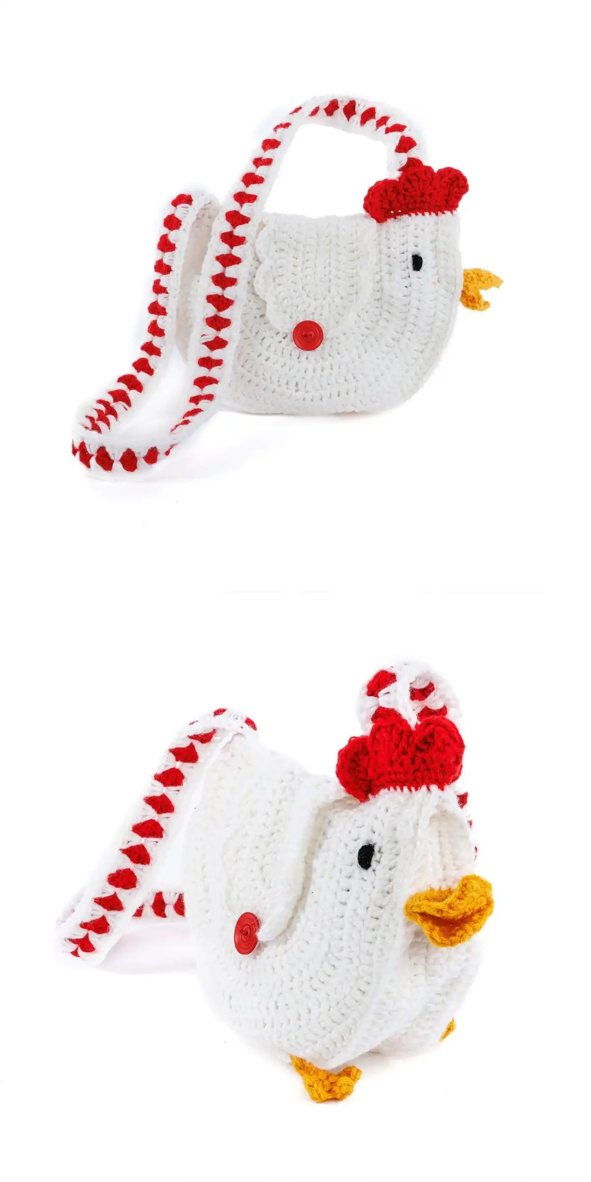 A charming white crochet chicken bag with a red comb, yellow beak, and long red-speckled strap, perfect for kids.