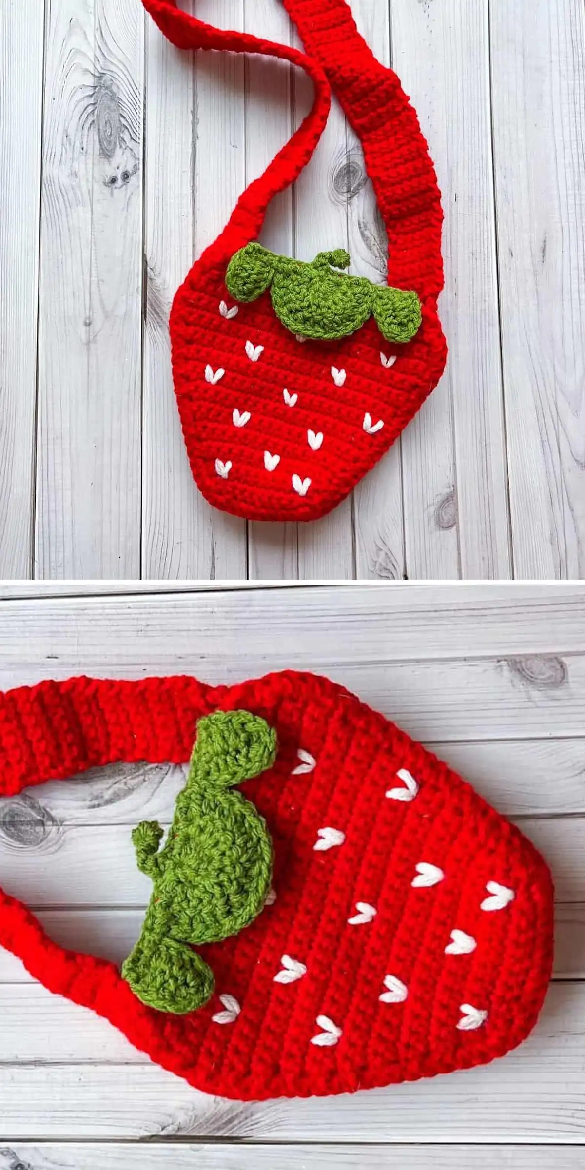A red crochet bag for kids with white heart-shaped details and a green clasp, designed to resemble a strawberry.