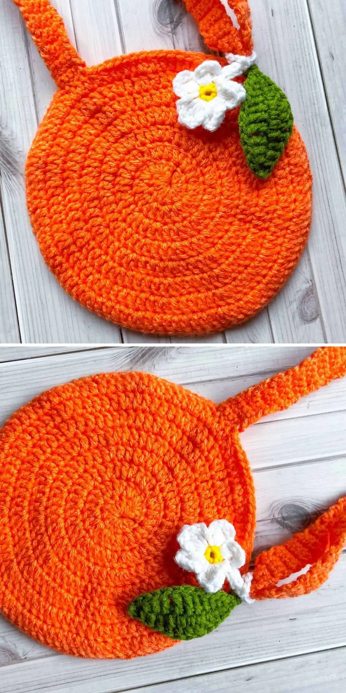A round, orange crochet bag for kids with a single white flower and green leaf attached, shown from two angles.