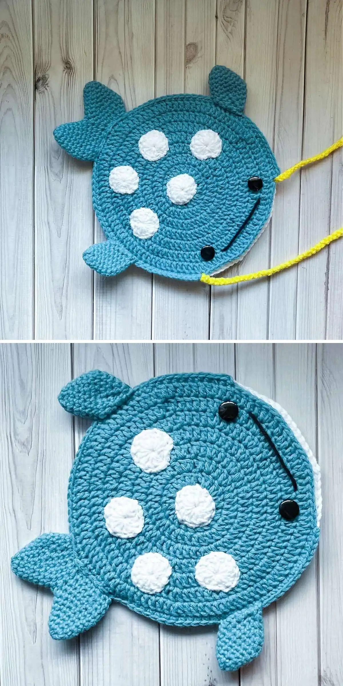 A crocheted blue stingray with white spots, black eyes, and a yellow tail, designed as a playful kid's bag.