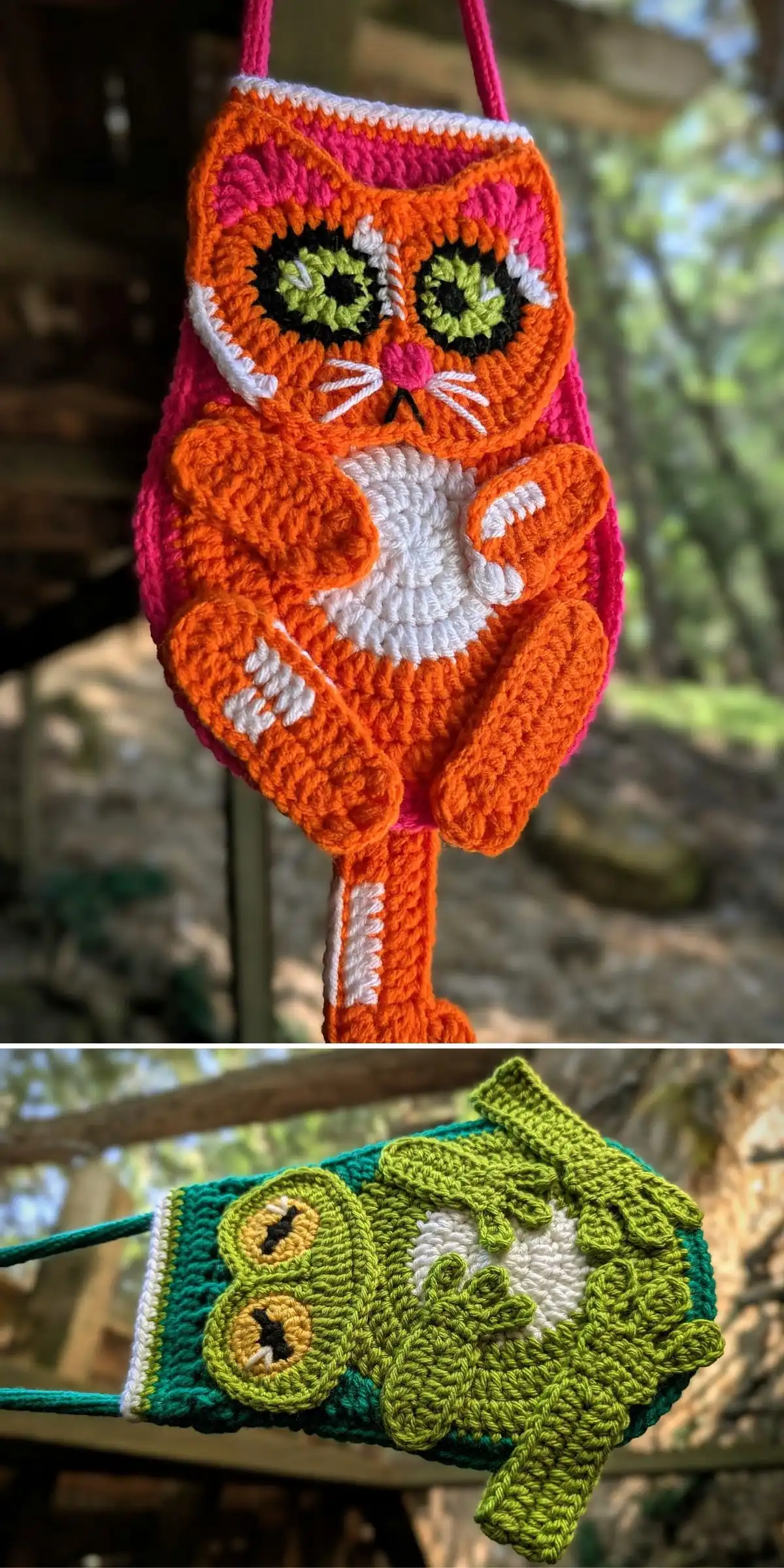 Two crocheted animal bags—an orange cat with pink accents and a green owl with yellow details—displayed outdoors.