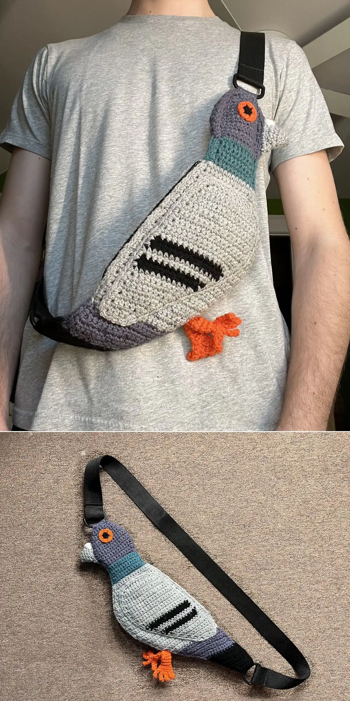 A person wears a crocheted crossbody bag shaped like a pigeon, shown also laid flat on a beige surface.
