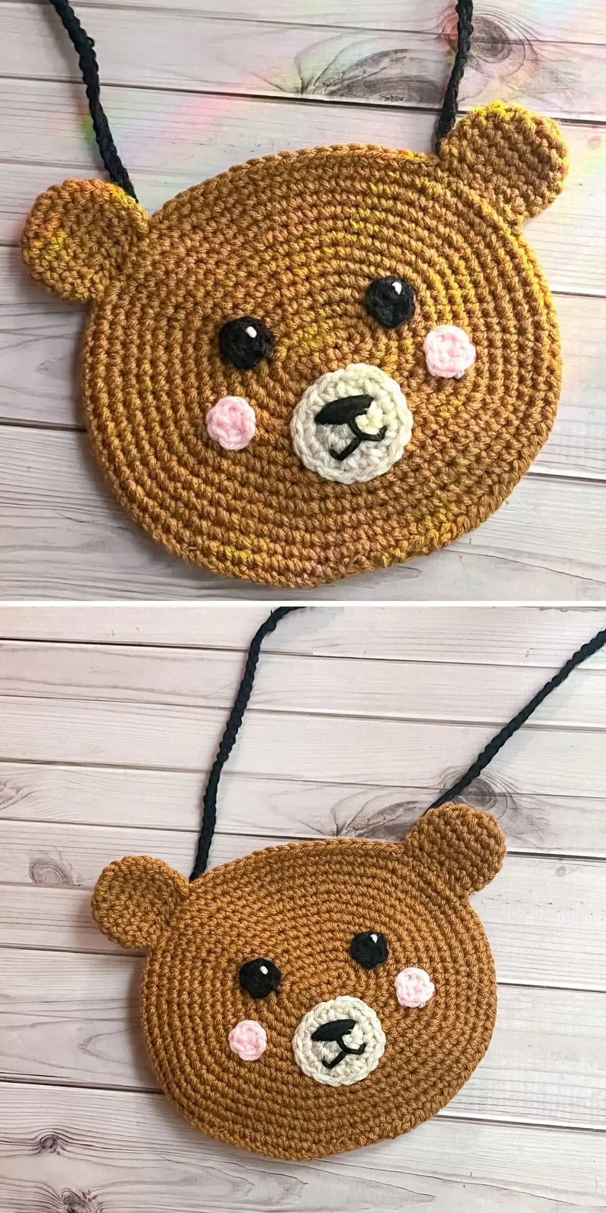 A cute crochet bear bag for kids with a round teddy bear face, small ears, and a sweet expression.