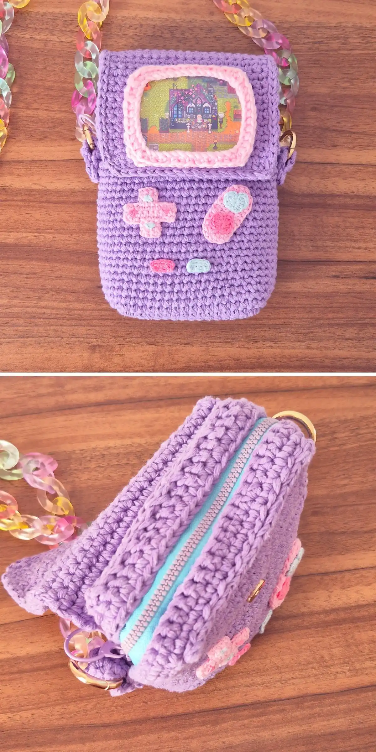 A pink crochet kids bag shaped like a Gameboy, featuring control details and a small screen.