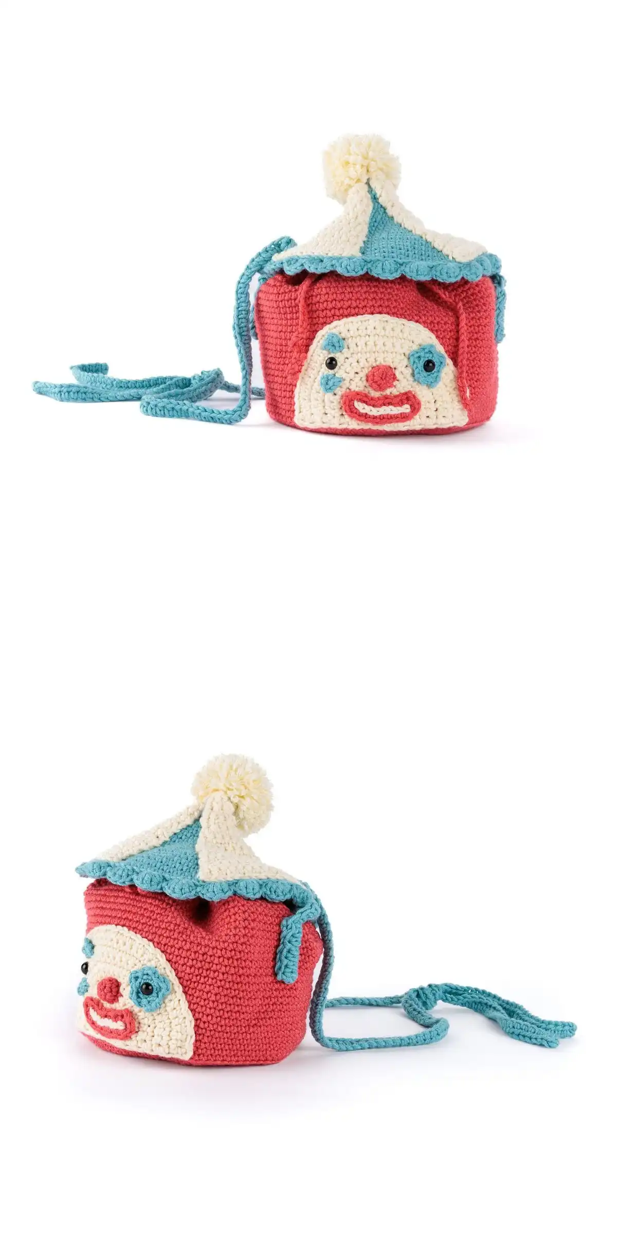 A vibrant crochet bag with colorful stripes and playful accents, evoking a circus tent design.