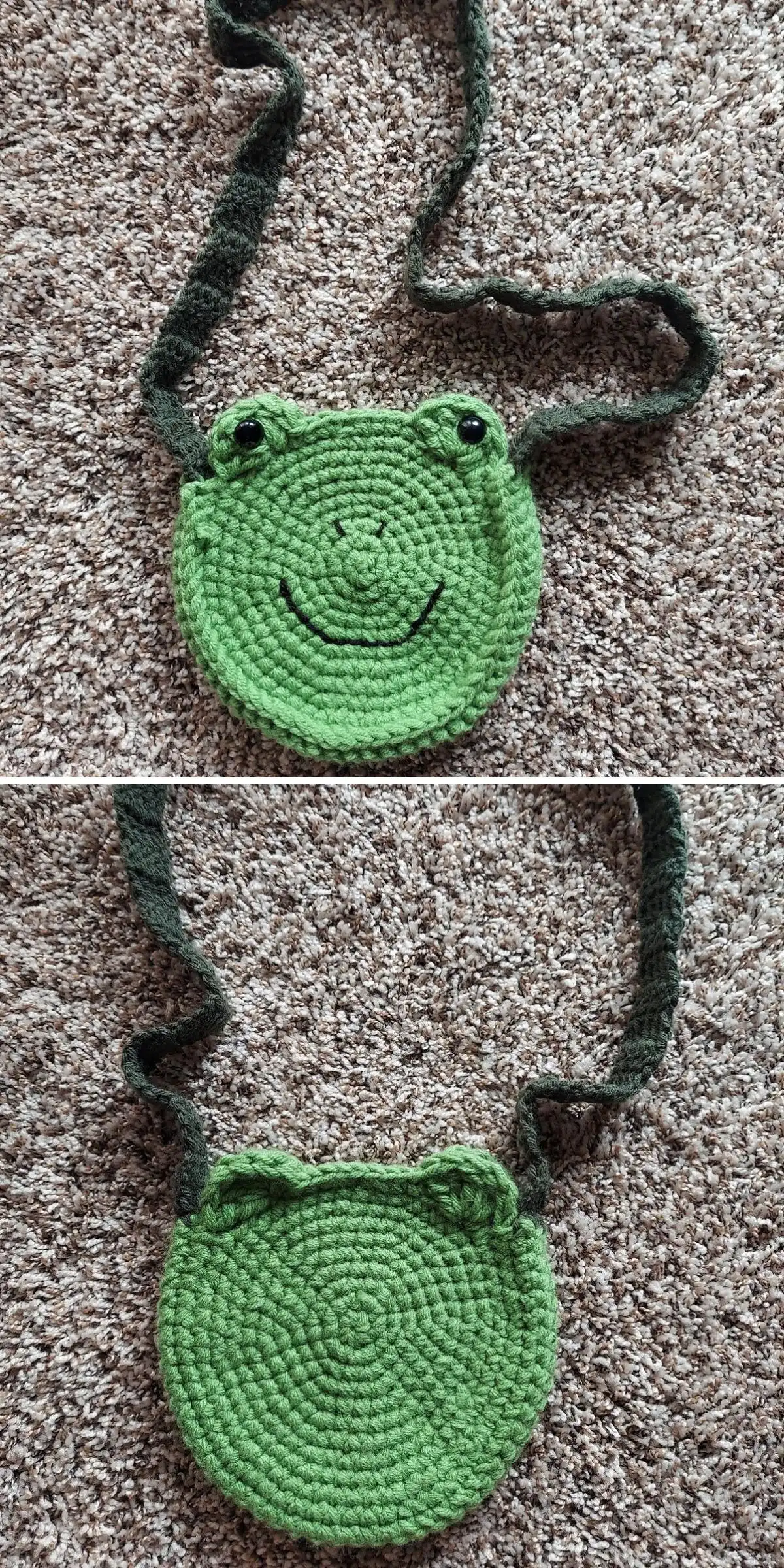 A green crochet bag with a round body shaped like a frog's face, featuring wide eyes and a smile.