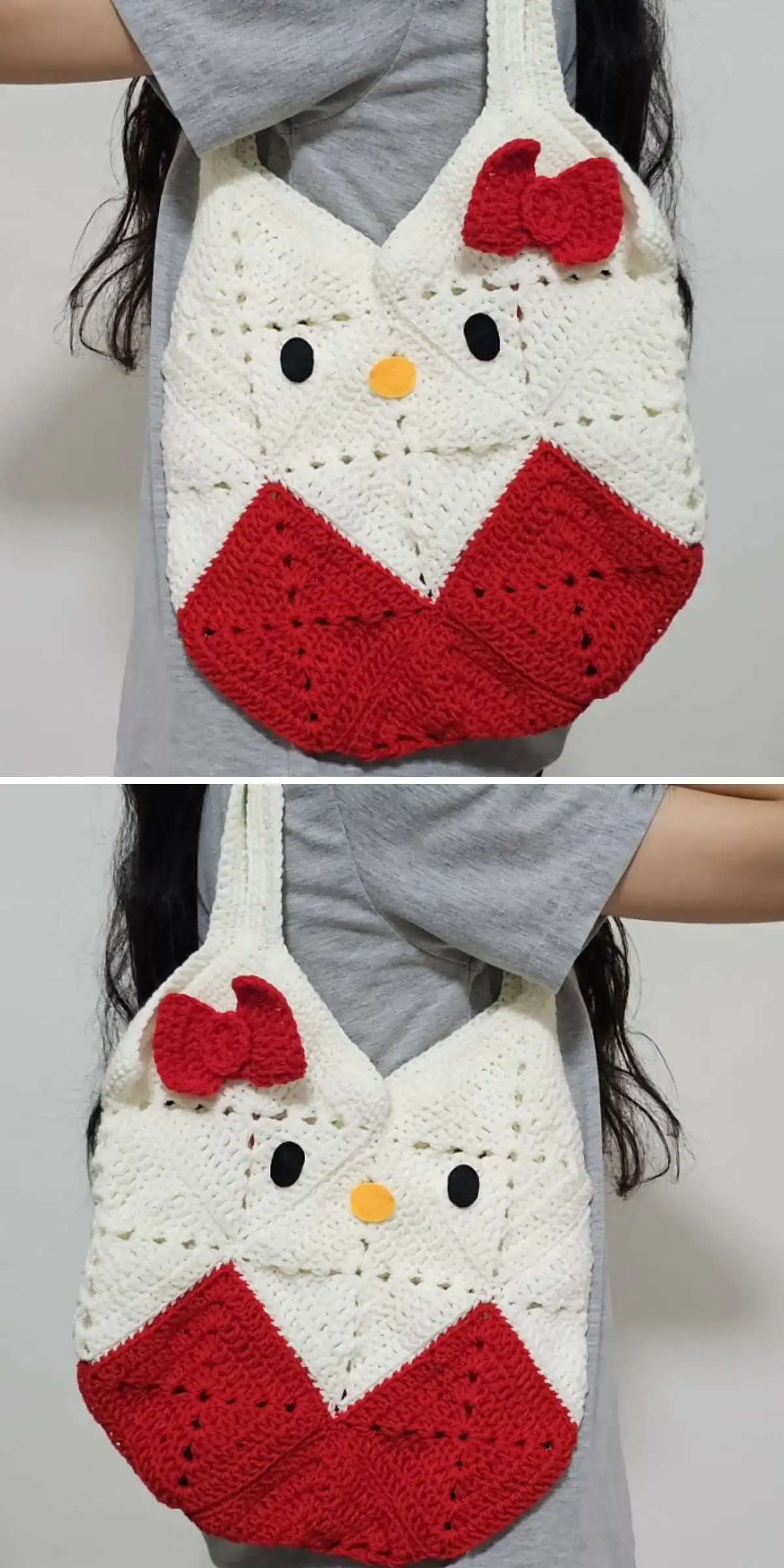 A girl wearing a crochet tote bag made of colorful granny squares creating a Hello Kitty design with a bow.