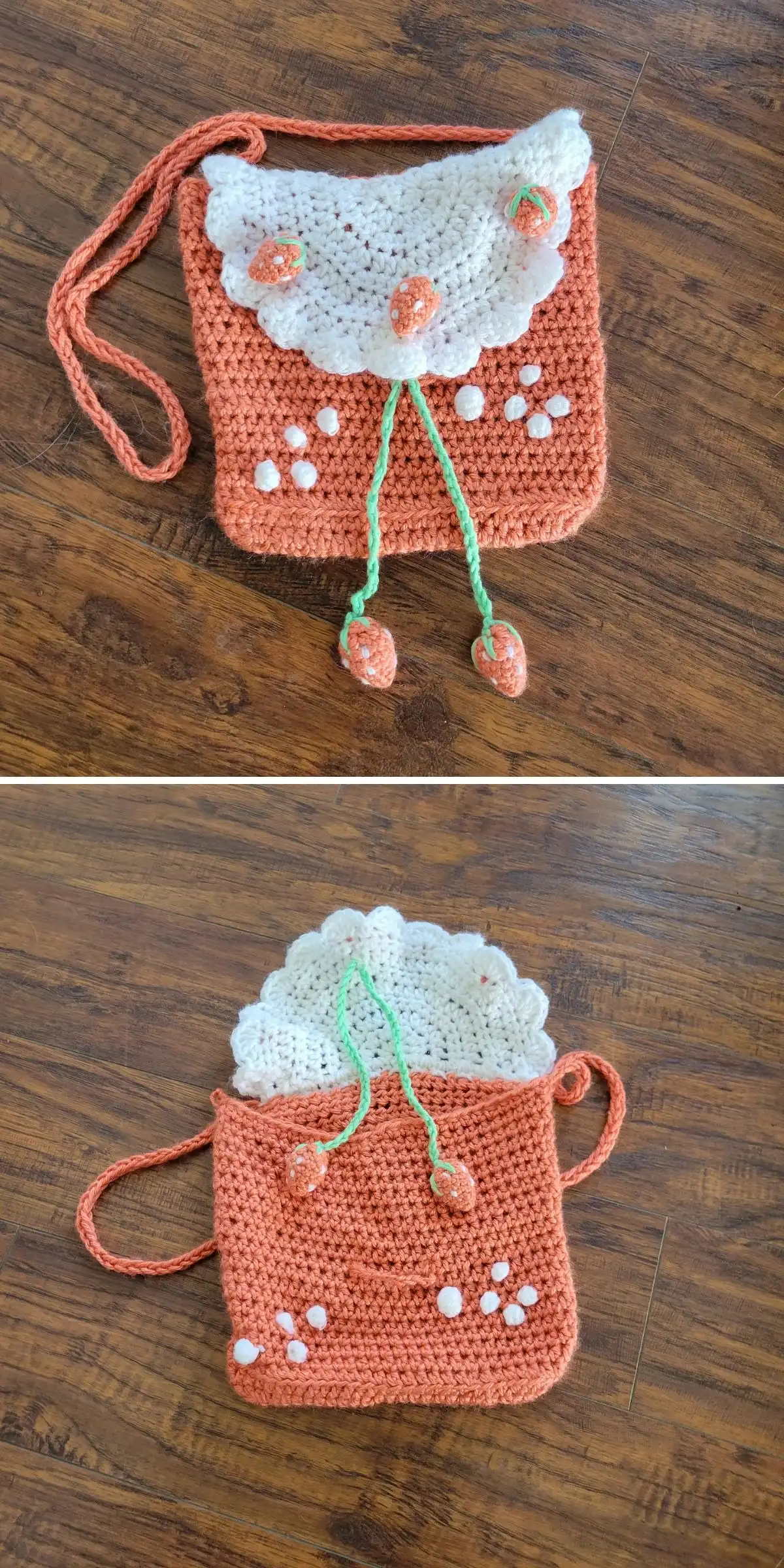 A small orange crochet side bag with a long strap and a white lacy flap decorated with tiny 3D strawberries.