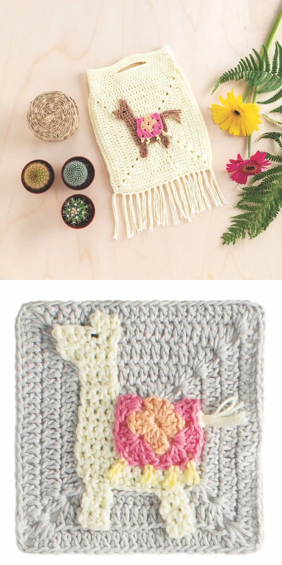 A small crochet kids' bag with an adorable llama applique, fluffy tail, and playful tassel fringe at the bottom.