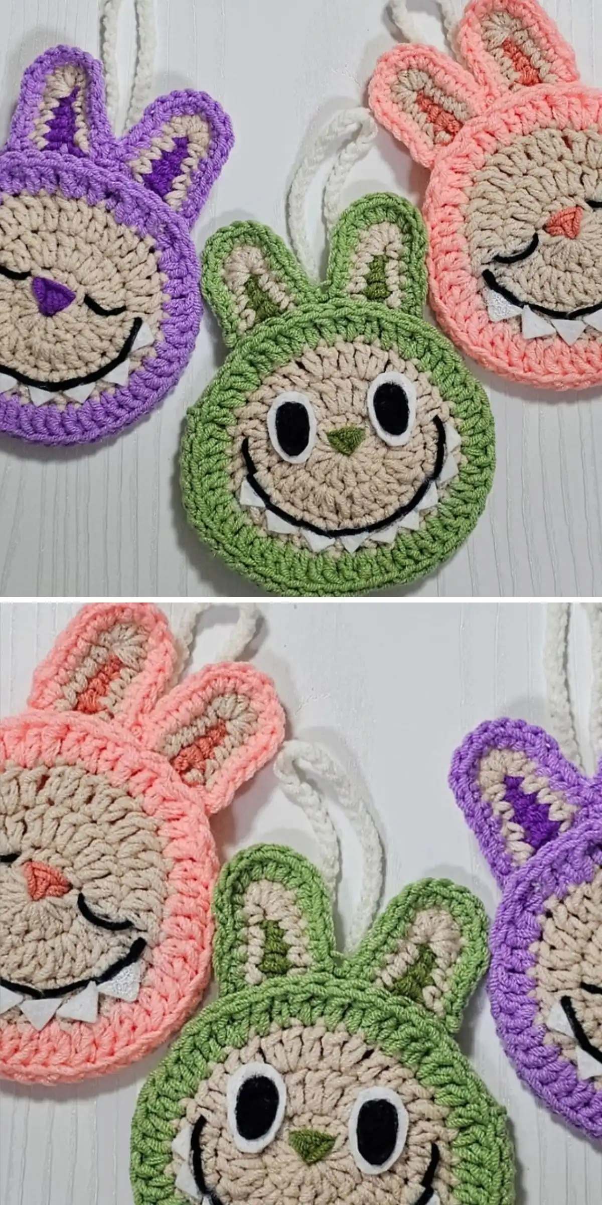 A set of colorful crochet bags for kids with designs inspired by Labubu doll faces, featuring different expressions.