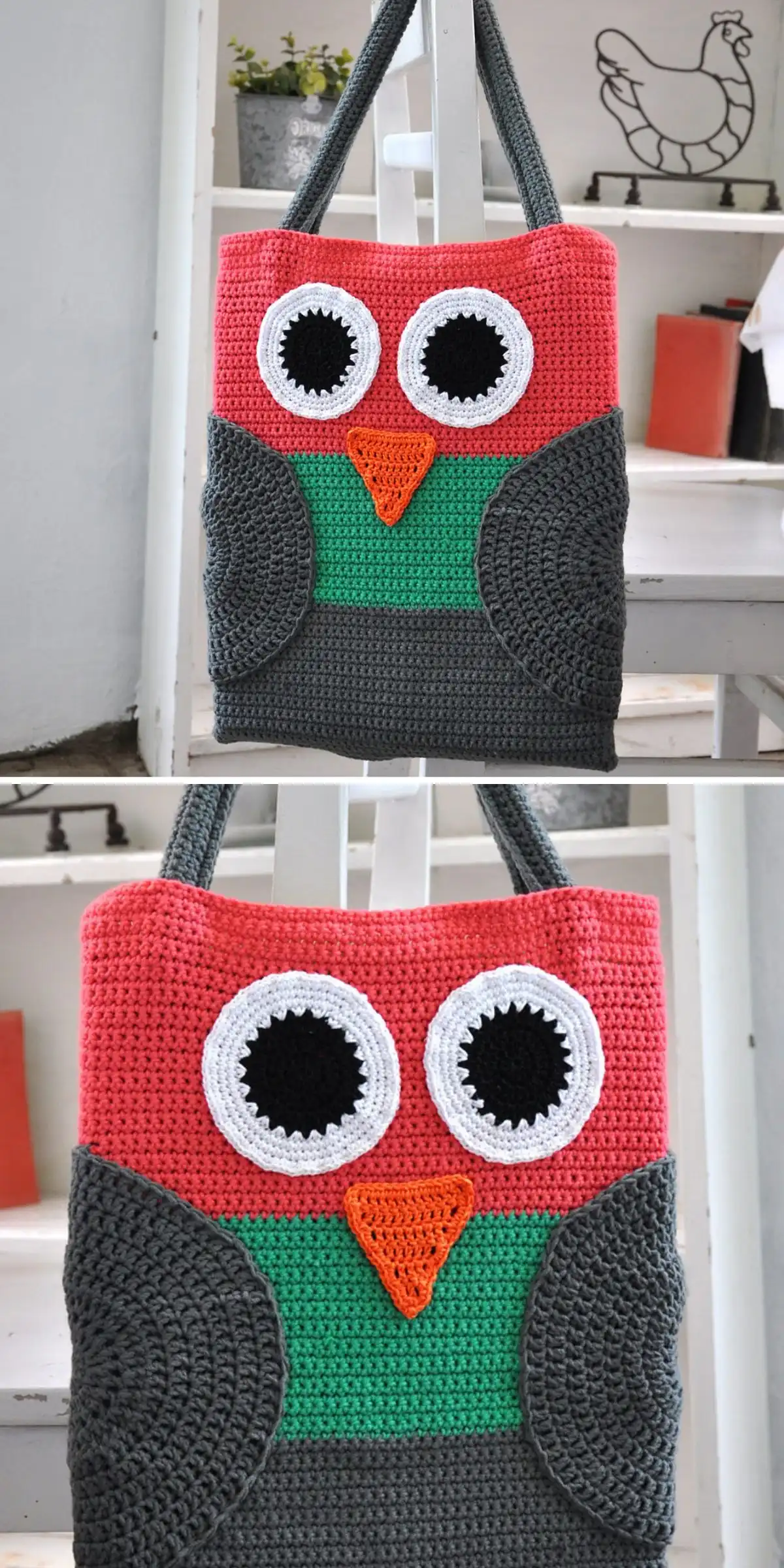 A crochet bag with an owl design featuring a red head, green body, dark grey wings, and large round eyes.