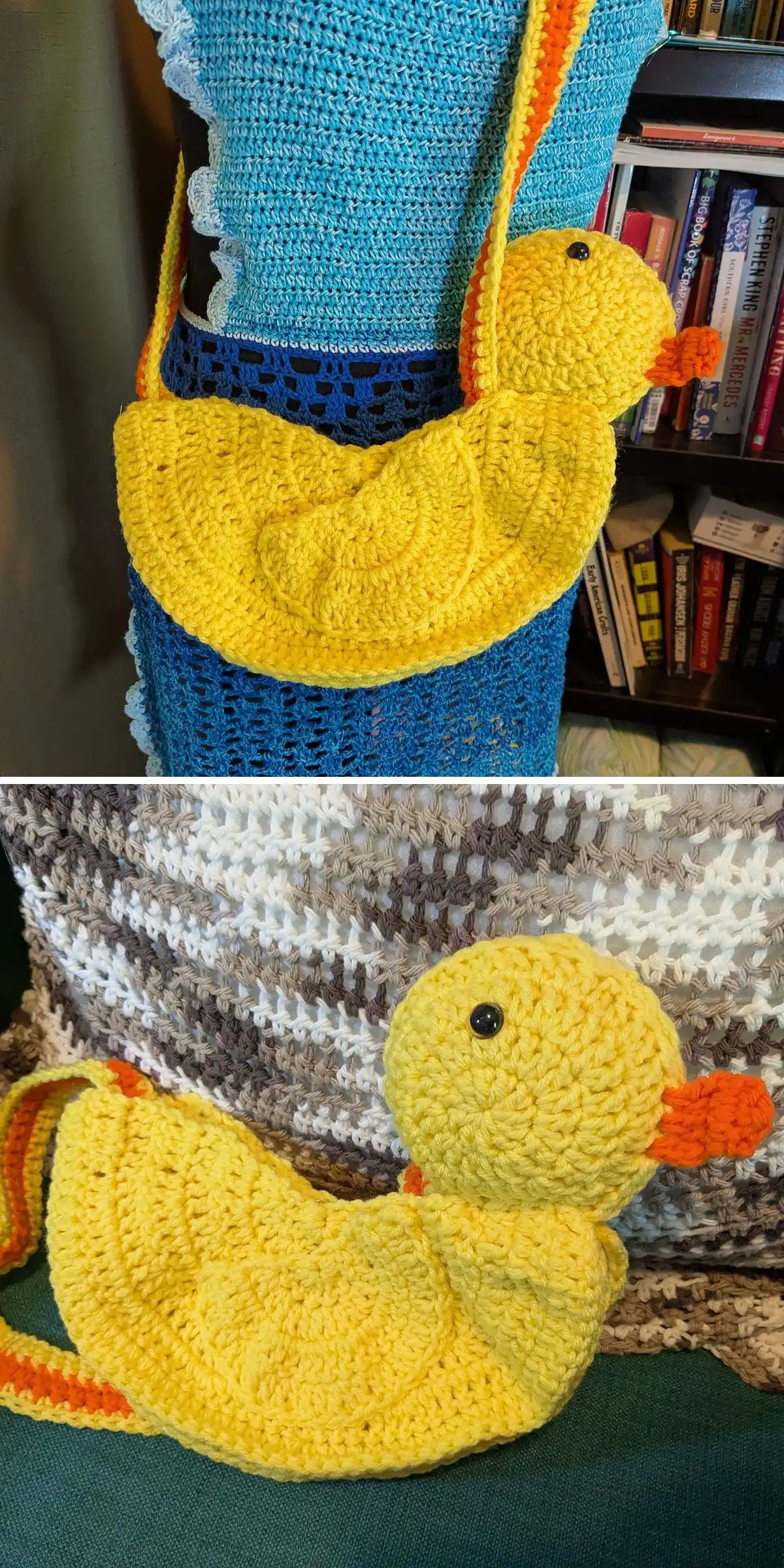 A cheerful yellow crochet handbag shaped like a duck with an orange beak, featuring a long strap.