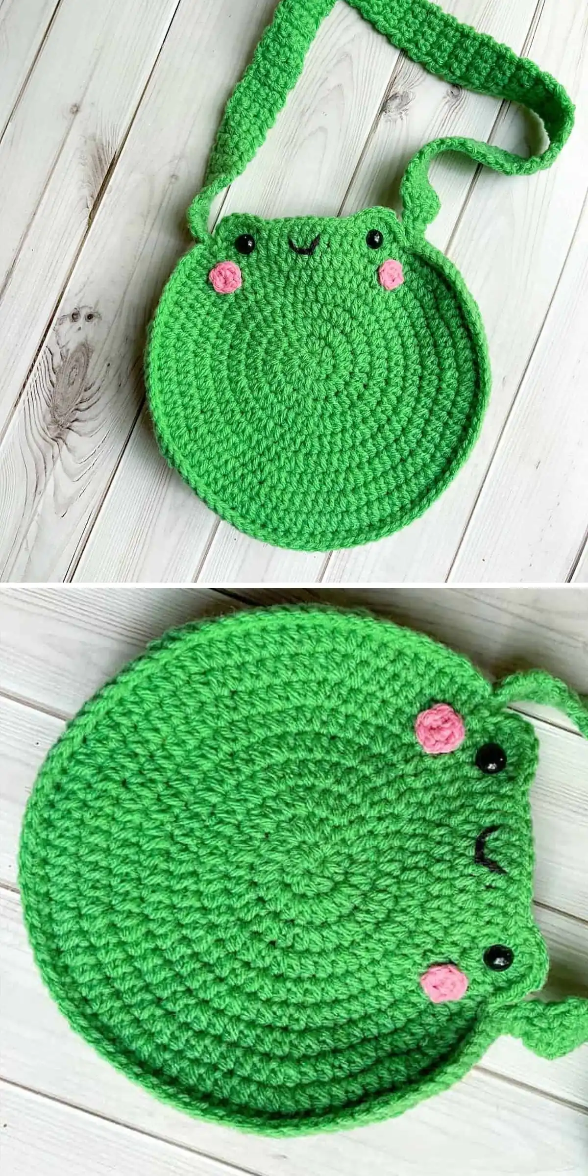 A green crochet bag for kids, shaped like a frog's face with pink cheeks, black eyes, and a smiling mouth.