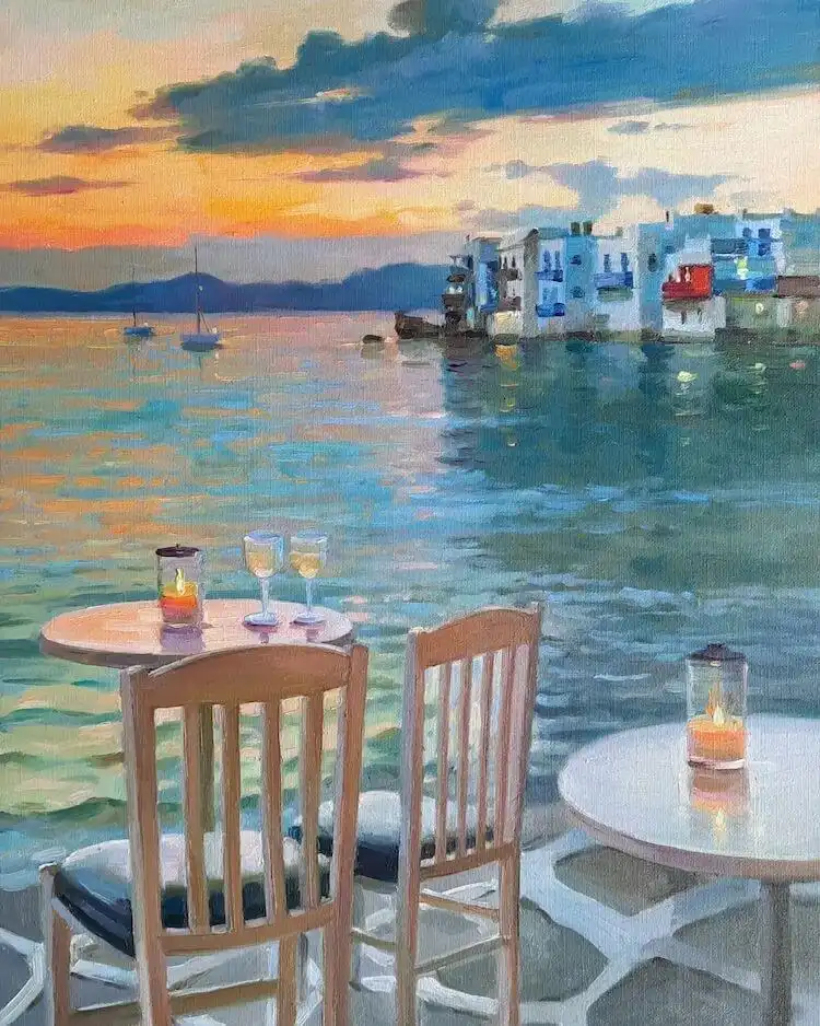 Sunset painting with a human figure reading a book in the foreground, adding an emotional element for Get Creative with These Gorgeous Sunset Painting Ideas