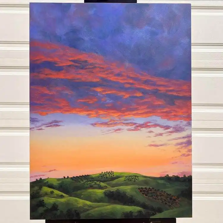 Romantic view painting by Ksenia Yarovaya, showcasing nature-themed art with a dramatic sunset, for Get Creative with These Gorgeous Sunset Painting Ideas