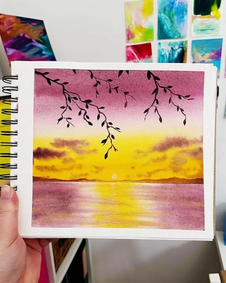 Tranquil green hills painting at sunset, blending warm and cool colors for a harmonious landscape, great for Get Creative with These Gorgeous Sunset Painting Ideas
