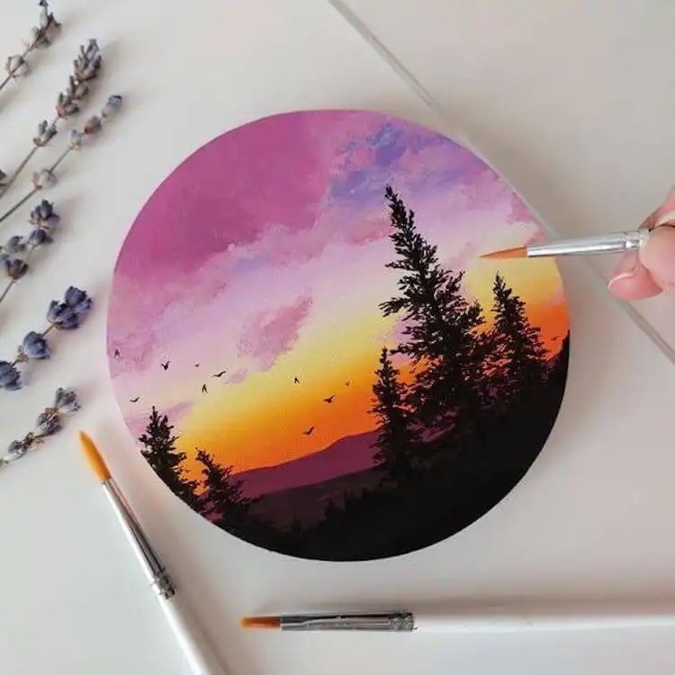 Vibrant purple and yellow sunset painting, a simple yet powerful color combination for Get Creative with These Gorgeous Sunset Painting Ideas