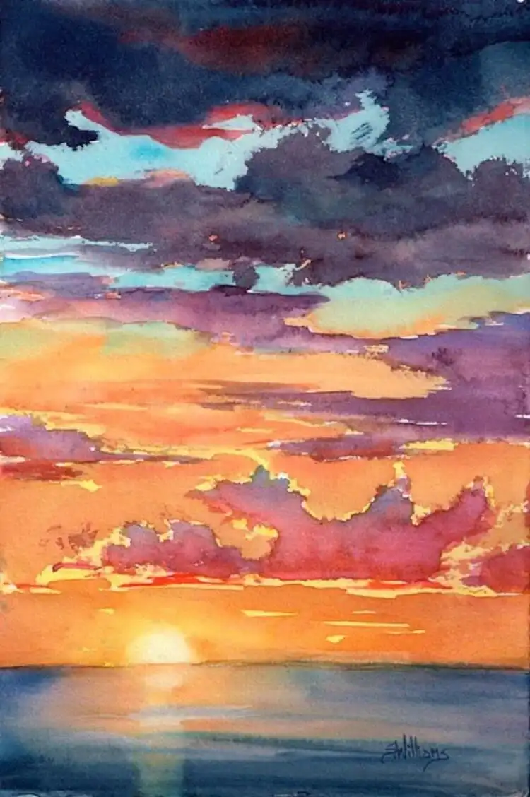 Circular canvas painting with pine tree silhouettes against a custom-colored sunset, a creative idea for Get Creative with These Gorgeous Sunset Painting Ideas