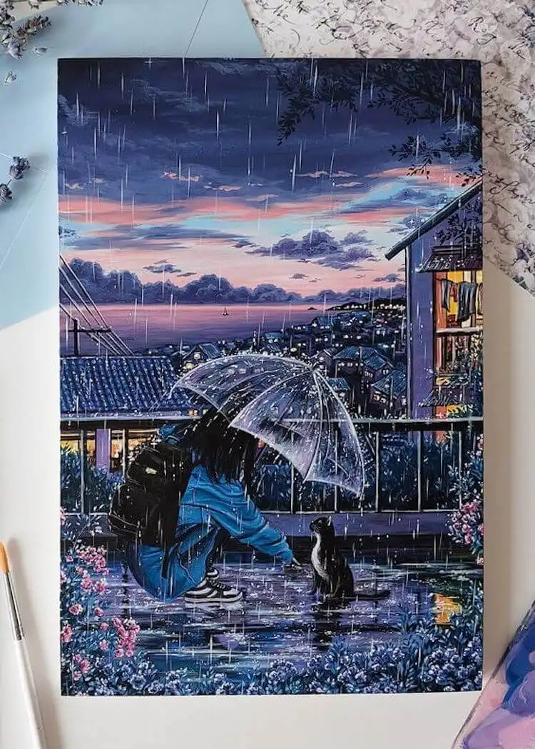 Emotional sunset painting of a meeting in the rain, showcasing subtle light and reflections for Get Creative with These Gorgeous Sunset Painting Ideas