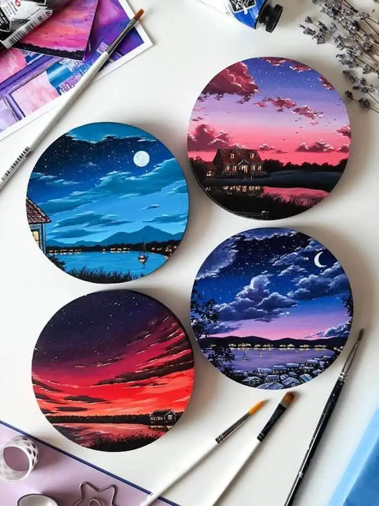 Circular canvas sunset landscape painting with vibrant acrylic colors, a unique approach for Get Creative with These Gorgeous Sunset Painting Ideas