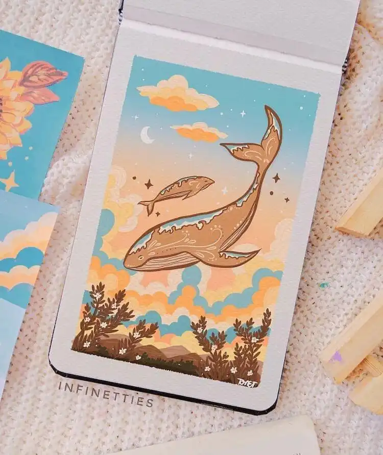 Whimsical sunset painting with whales floating in a soft pastel sky, an imaginative idea for Get Creative with These Gorgeous Sunset Painting Ideas