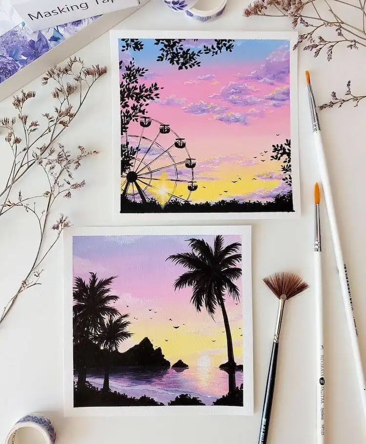 Minimalist tiny canvas painting of bird silhouettes on a power line against a vibrant sunset, a creative idea for Get Creative with These Gorgeous Sunset Painting Ideas