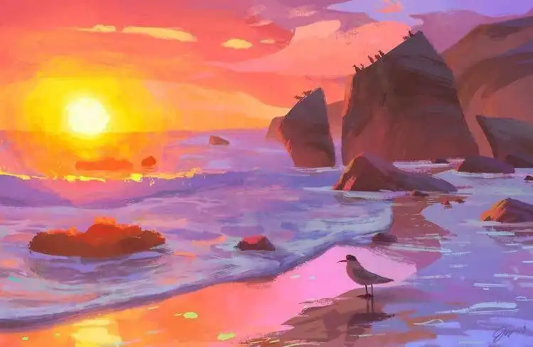 Mona's detailed coastal village oil painting depicting seaside life at dusk, showcasing texture for Get Creative with These Gorgeous Sunset Painting Ideas