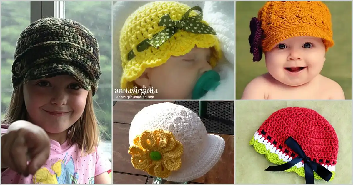 Collection of various crochet summer hats for girls, including bonnets, sun hats, and character designs, showcasing vibrant colors and textures, featuring Girl Summer Hat Free Crochet Patterns