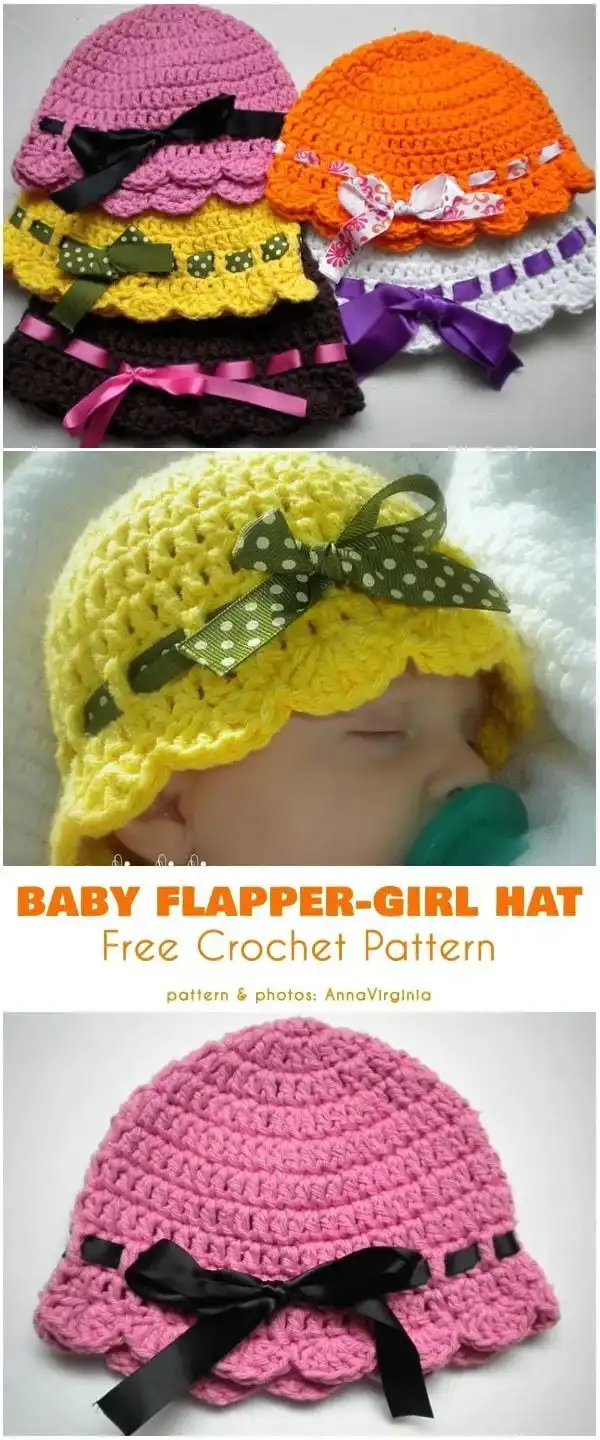 Close-up of a baby wearing a vintage-style crocheted flapper hat in a soft pastel color with delicate stitching, for Girl Summer Hat Free Crochet Patterns