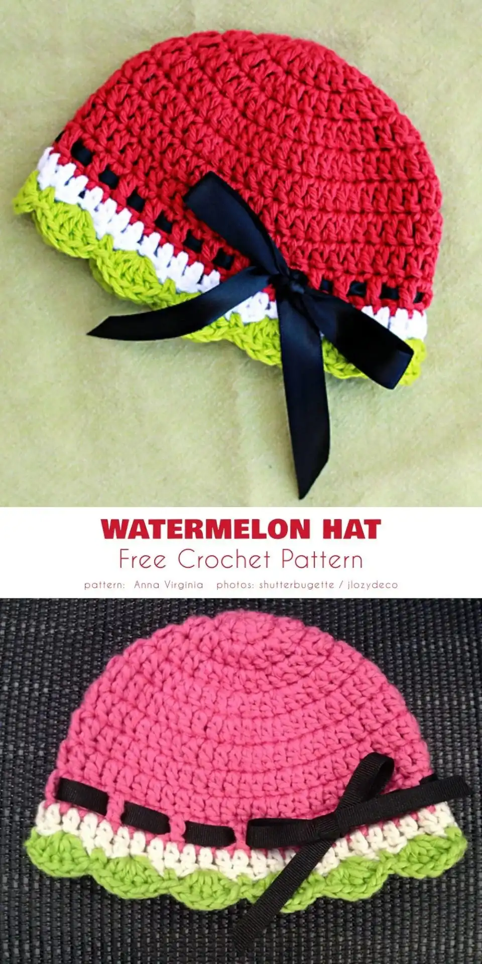 Adorable crocheted baby hat designed like a slice of watermelon, complete with green rind, red fruit, black seeds, and a small black bow, for Girl Summer Hat Free Crochet Patterns