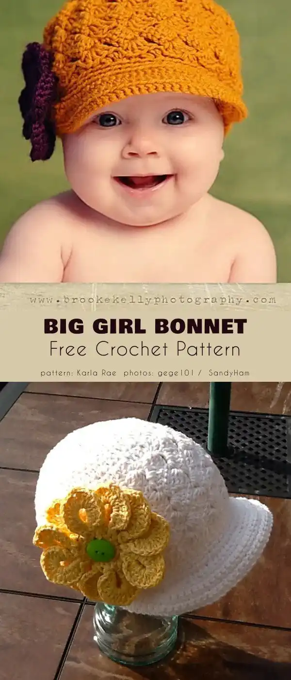 Crocheted bonnet-style beanie for a slightly older girl, adorned with a decorative crocheted flower on the side, in a lovely solid color, for Girl Summer Hat Free Crochet Patterns