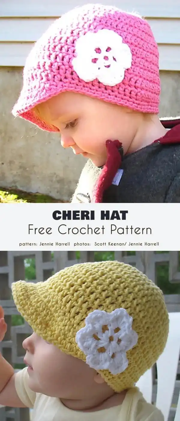 Close-up of a crocheted baby beanie with a small peak and an intricate, colorful flower applique on the side, for Girl Summer Hat Free Crochet Patterns