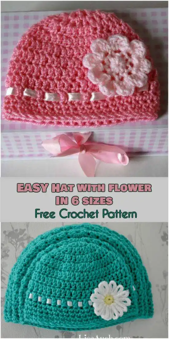 Two examples of easy crochet hats with flower patterns: a pink hat with a white flower and ribbon, and a teal hat with a white daisy, for Girl Summer Hat Free Crochet Patterns