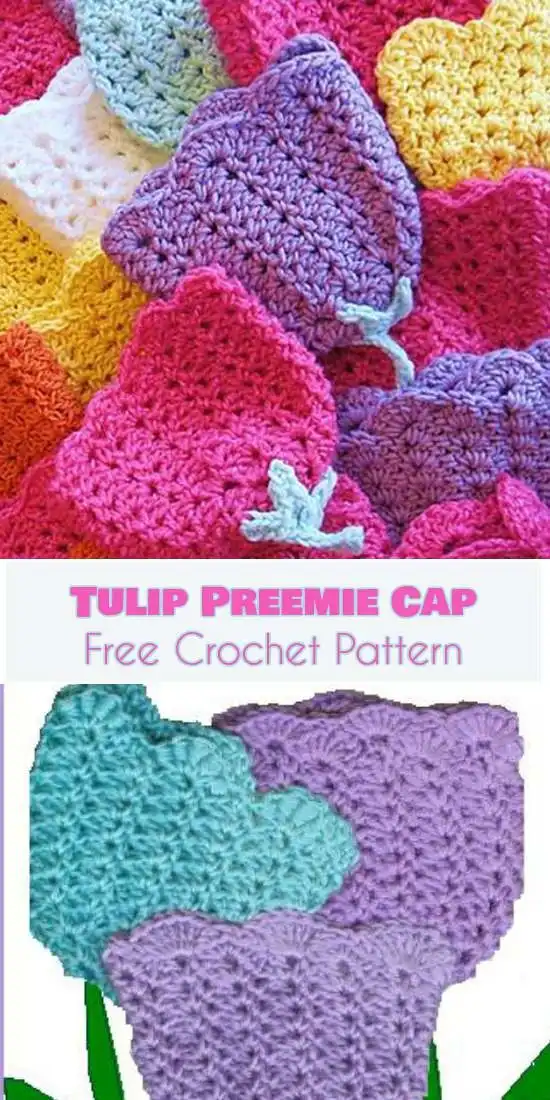 A collection of pastel-colored crocheted preemie caps, each designed to resemble a delicate tulip bloom, displayed side-by-side, for Girl Summer Hat Free Crochet Patterns