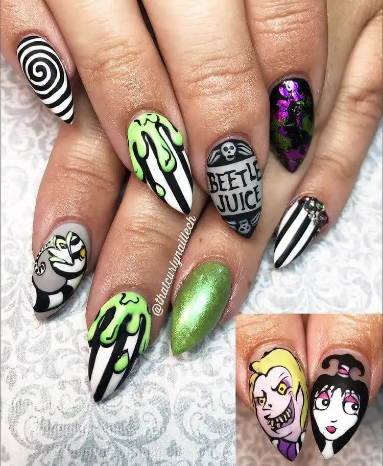 Creative Glow in the Dark Beetlejuice and Lydia Nails featuring artwork inspired by both iconic characters.